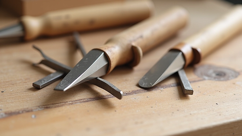 Close-up of linoleum carving gouges and V-tools arranged by size, showing blade shapes and handles, professional studio lighting