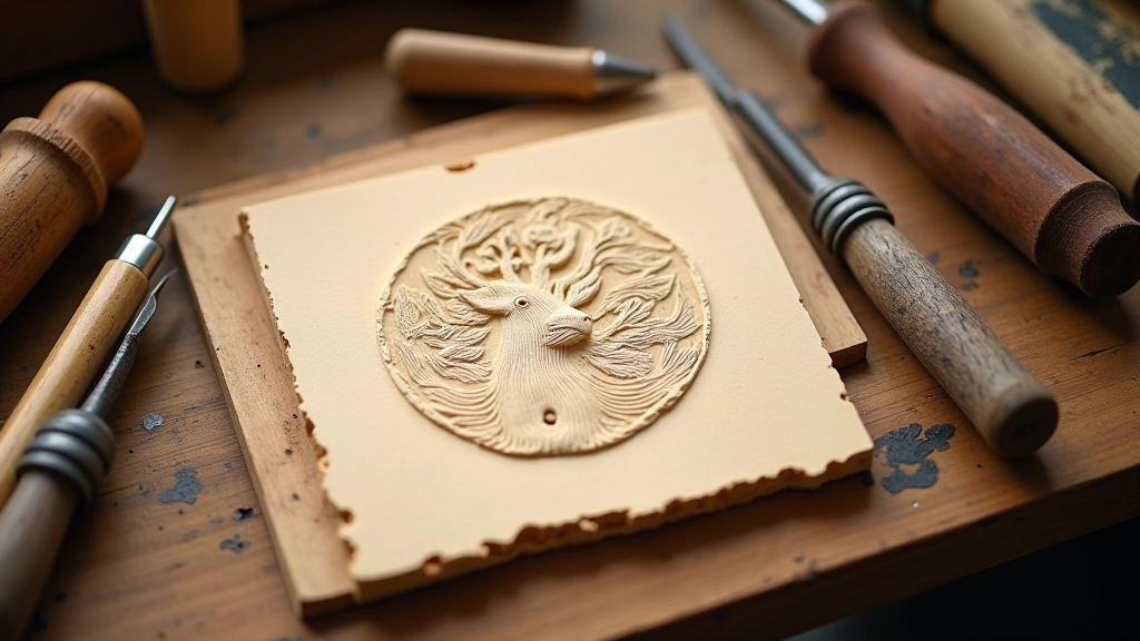 Carving tools arranged on wooden surface with linoleum block and sketch, organized workspace