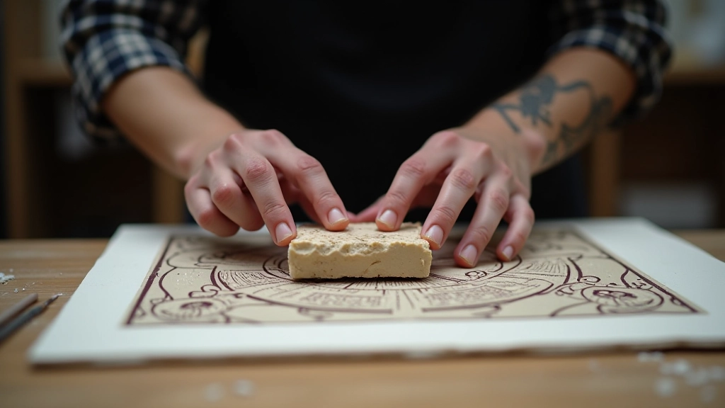 Safe carving setup showing linoleum block on cutting mat with protective hand positioning, proper workspace ergonomics
