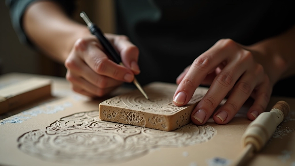 Detailed view of linocut carving technique with tools and linoleum block