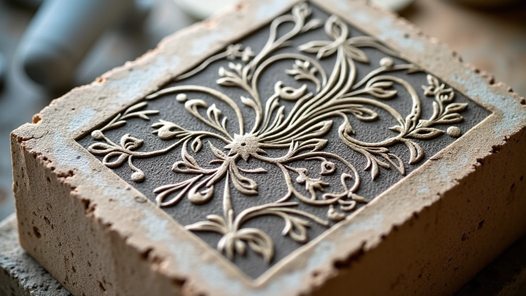 Close-up of carved linoleum block showing detailed relief surface with intricate line work and pattern details