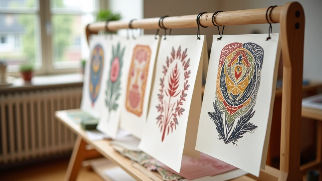 Finished linocut prints displayed on drying rack, various color variations and designs