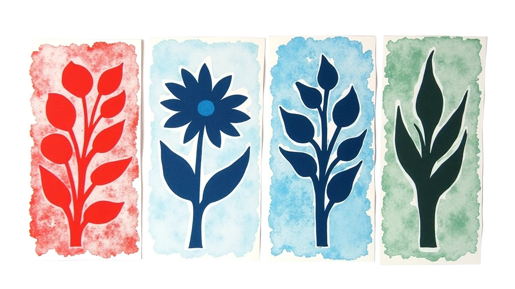 Array of finished linocut prints showing different ink color variations and hue differences
