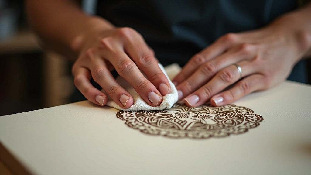 Hand wiping linoleum block surface with soft cloth and cleaning solution