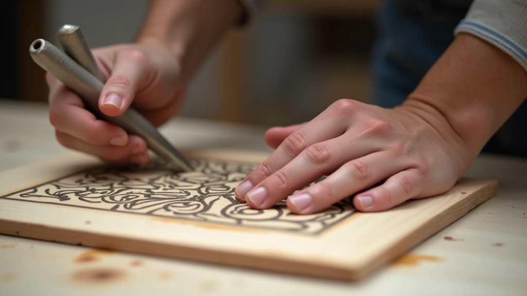 Hand holding linoleum carving tool at correct 45-degree angle against block, demonstrating proper grip and technique, side view