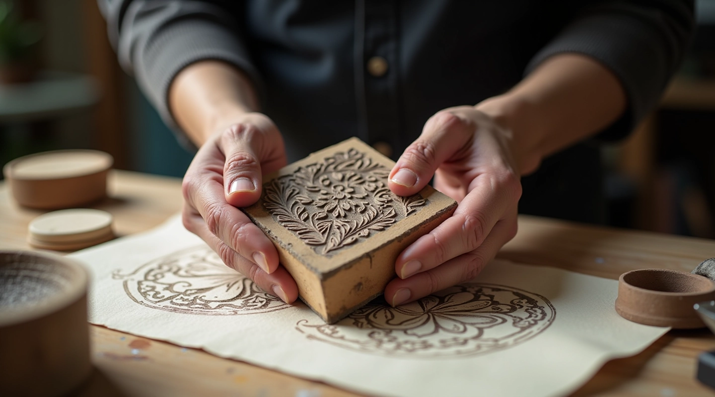 Hands holding carved linoleum block with relief surface visible, artist workspace background