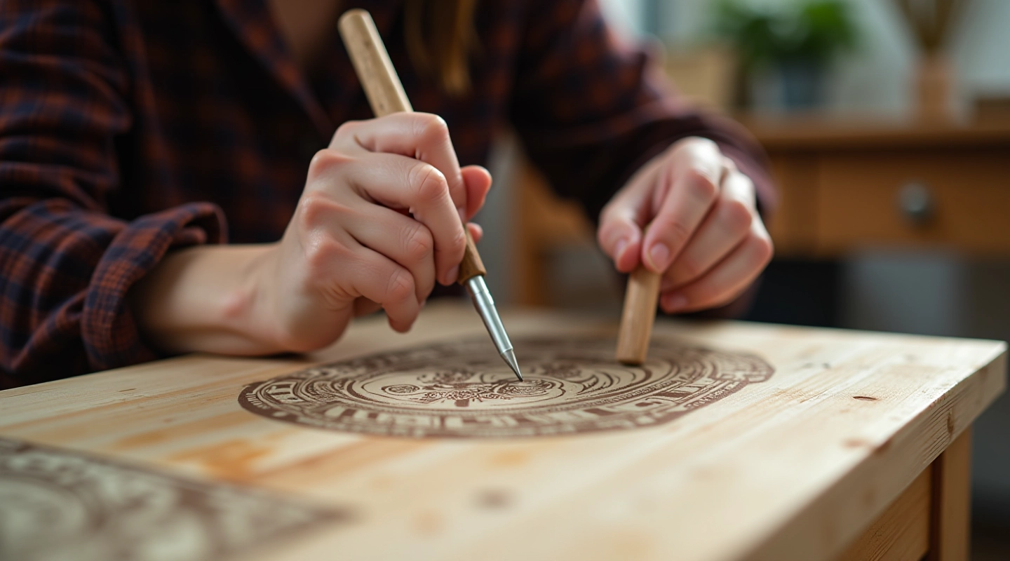 Hands demonstrating lino cut carving technique with specialized tools on wooden workbench