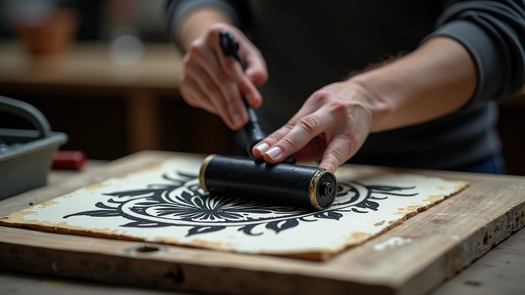 Ink roller applying black ink to carved linoleum block surface, printing preparation scene