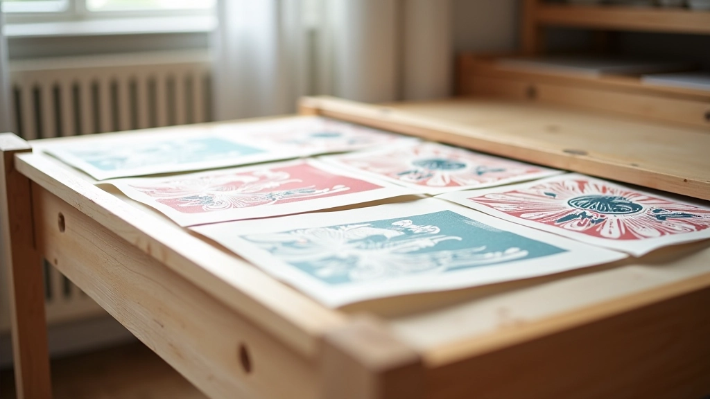 Linocut prints laid flat on wooden drying rack with proper air circulation spacing
