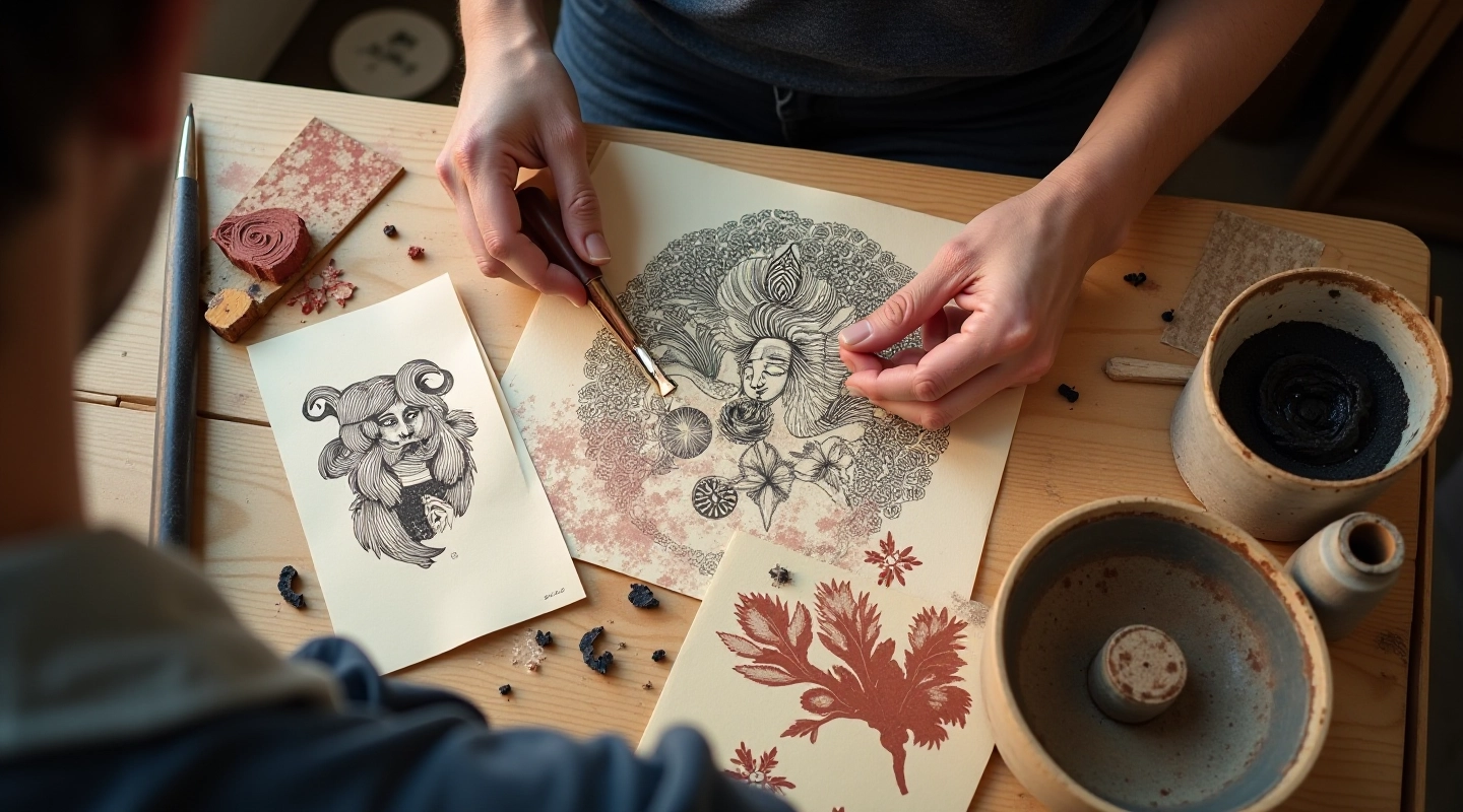 Linocut printmaking workshop workspace with carved blocks and printed designs