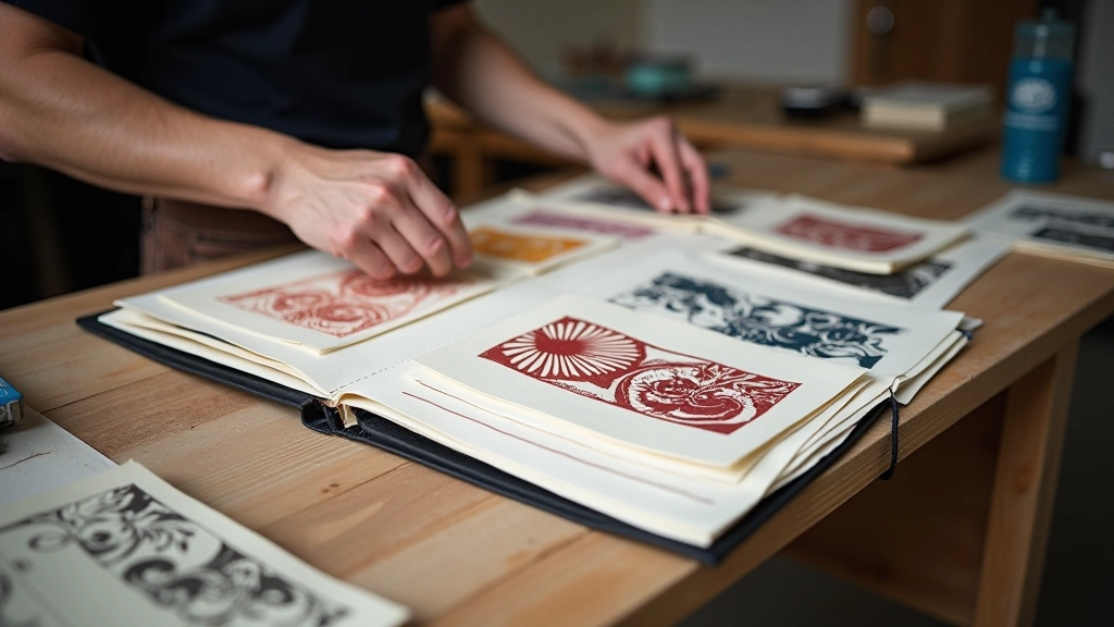 Portfolio of completed linocut prints showing finished work ready for display and presentation
