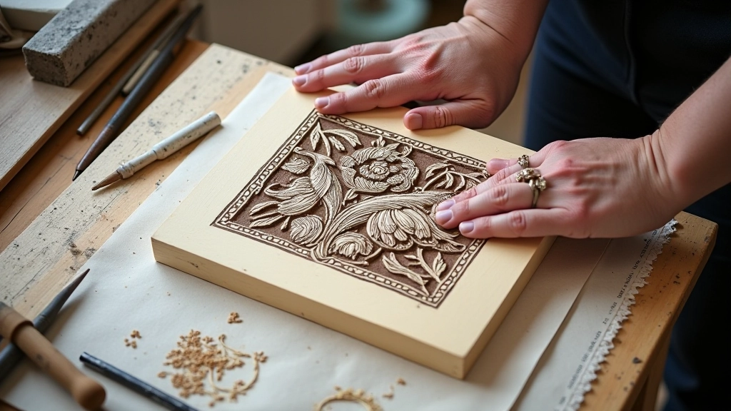 Prepared linoleum block with transferred design clearly visible, ready for carving