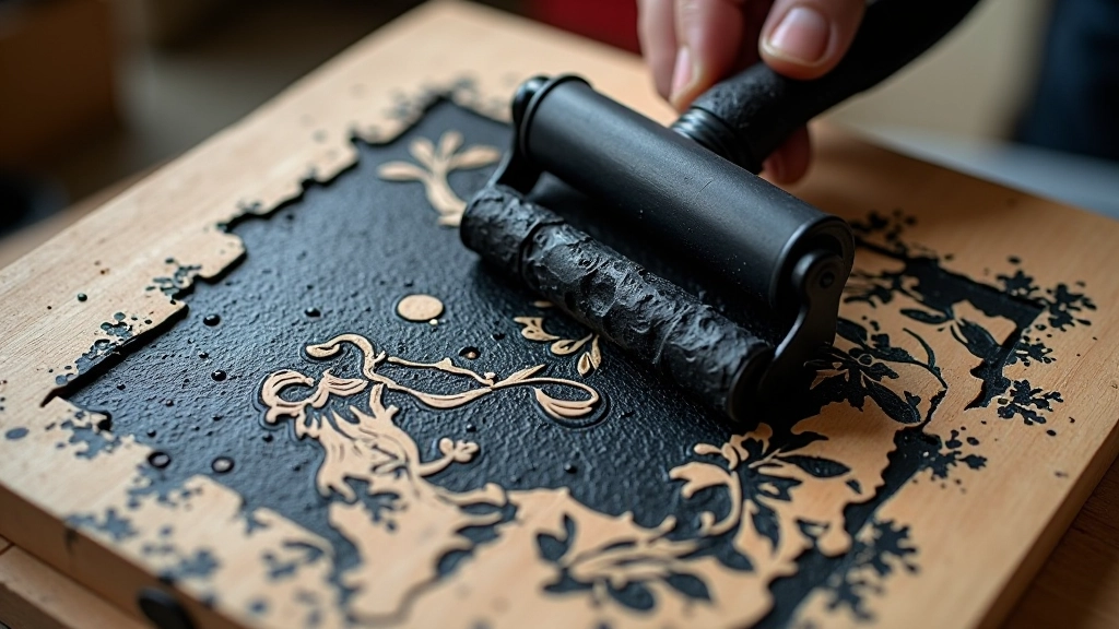 Sequence of ink rolling motions showing multiple directional passes on linoleum block