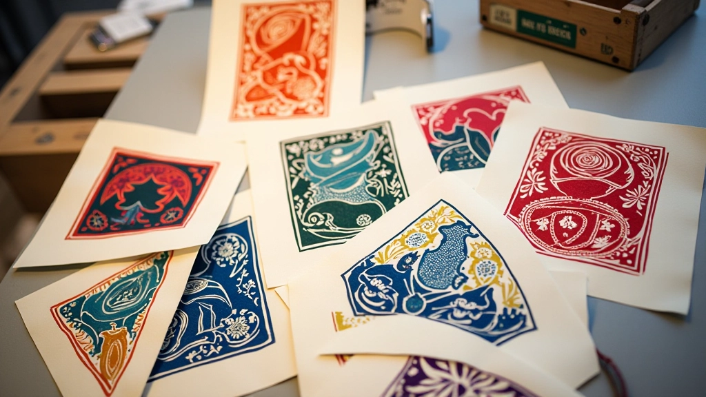 Gallery display of finished linocut prints from various workshop participants